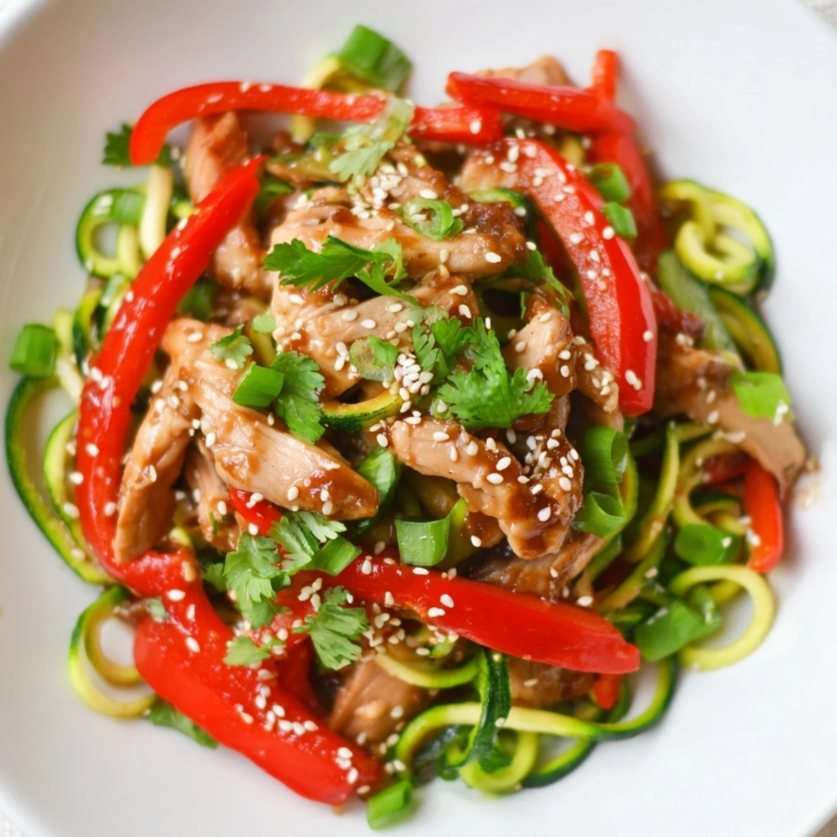 Garlic Chicken Zucchini Noodles Stir Fry plated in a white bowl, ready to serve with chopsticks and a sprinkle of sesame seeds.