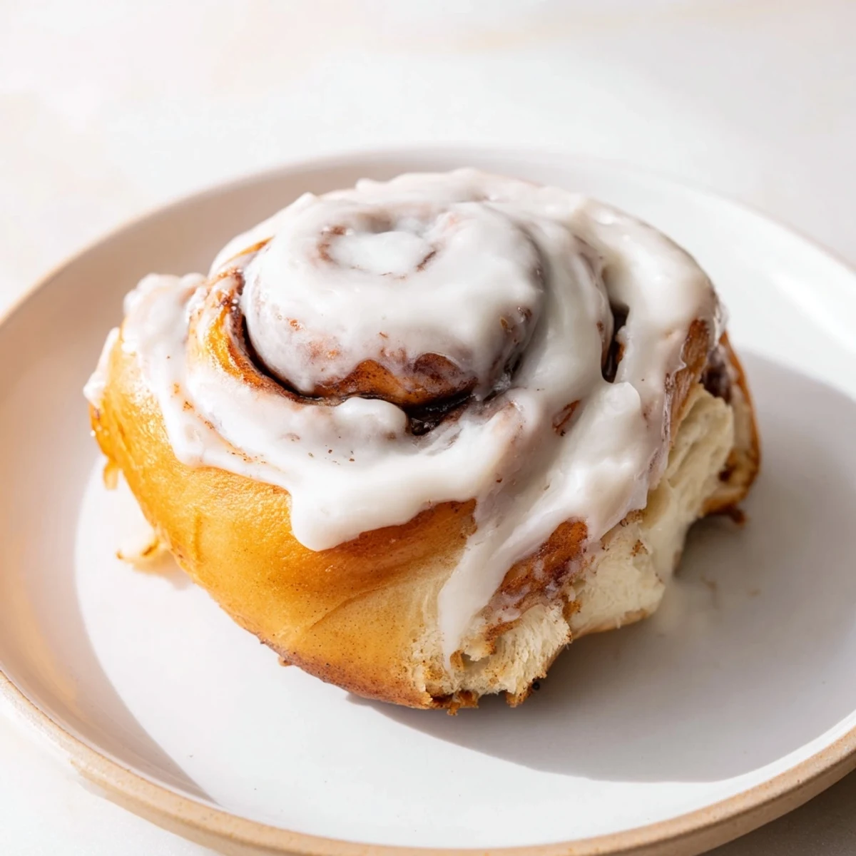 A close-up shows soft, fluffy Keto Cinnamon Buns with cream cheese icing, perfect for a breakfast indulgence.