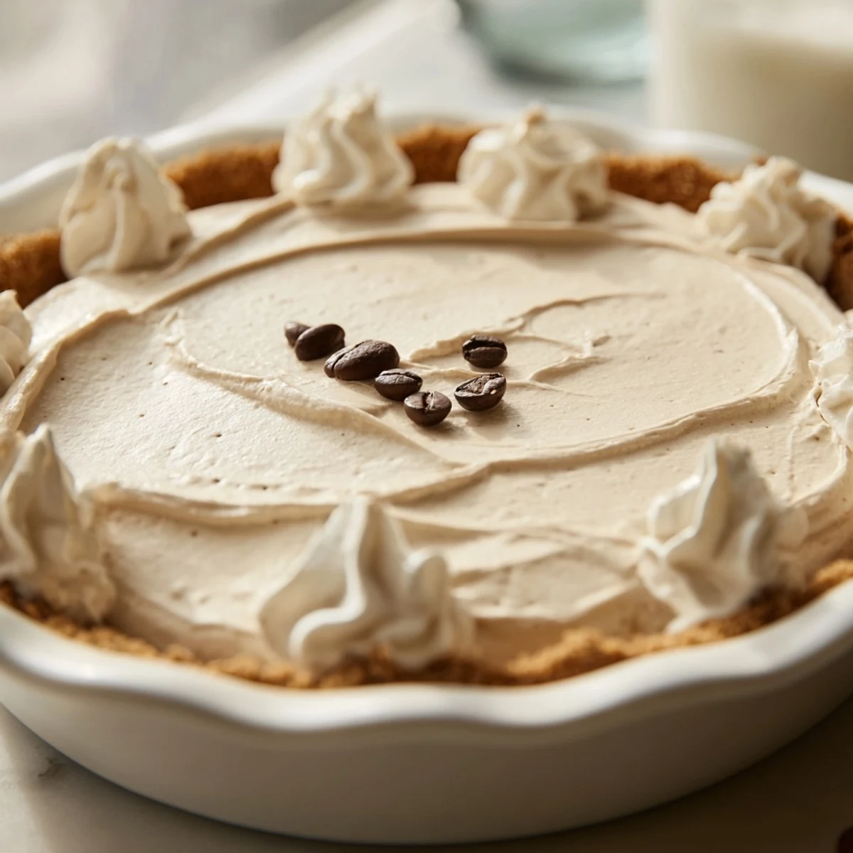 A creamy slice of Keto Cold Brew Coffee Pie with a golden almond flour crust, topped with fluffy whipped cream and coffee beans.