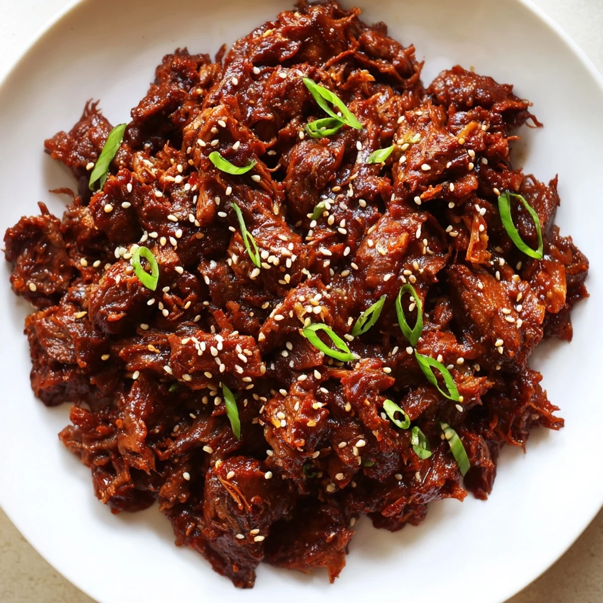 Shredded Slow Cooker Korean Beef glistens in a savory-sweet sauce, garnished with green onions and sesame seeds, ready to serve over steamed rice.