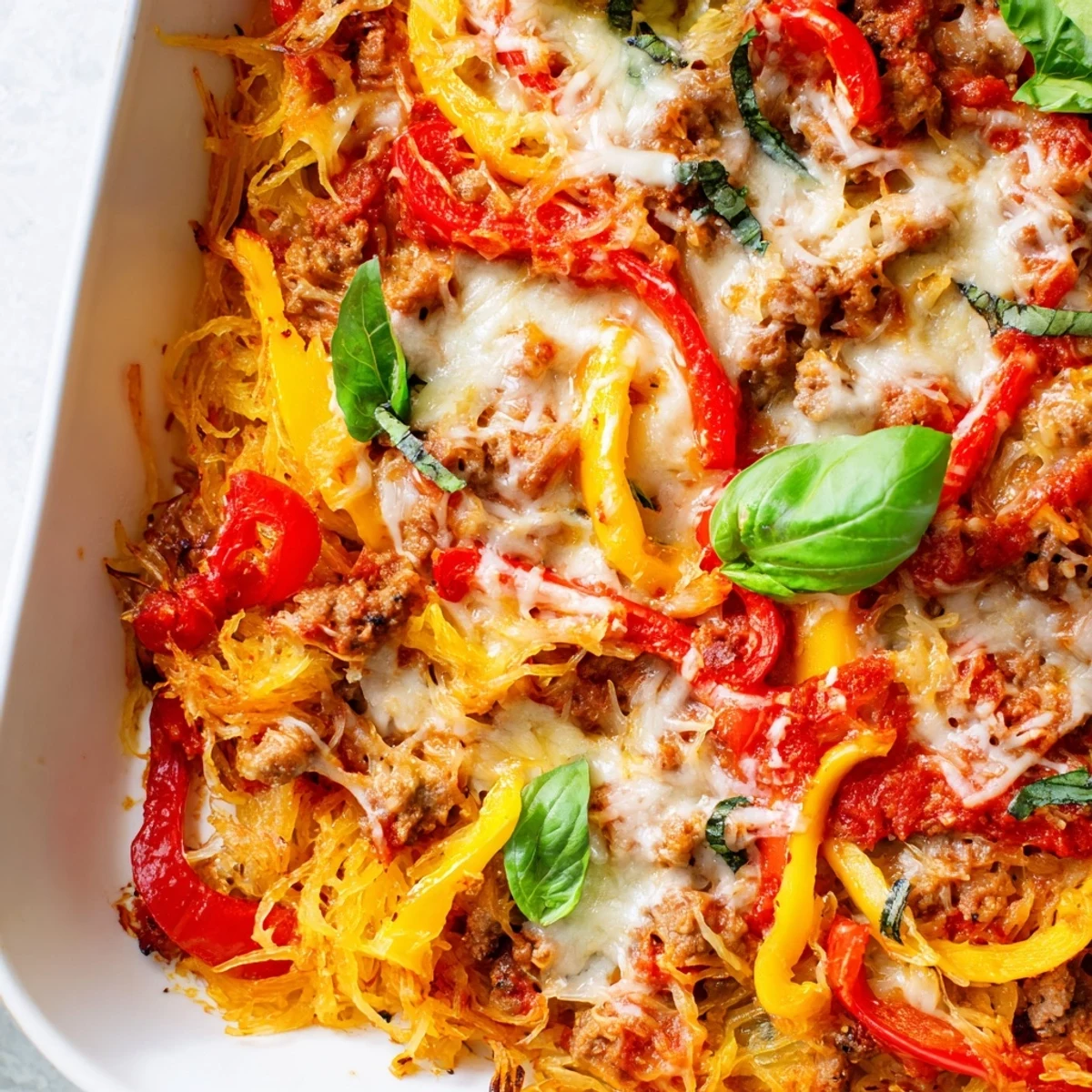 Golden, bubbly mozzarella and Parmesan cheese melts over a hearty baked casserole of roasted spaghetti squash with savory Italian sausage and colorful peppers.