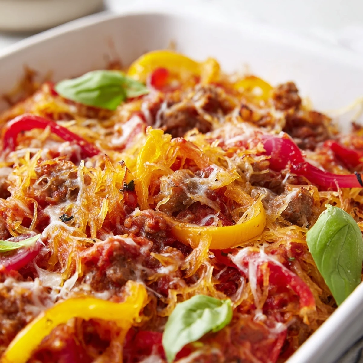 The finished Sausage and Peppers Spaghetti Squash Casserole garnished with fresh basil leaves, served hot from the oven in a ceramic baking dish.