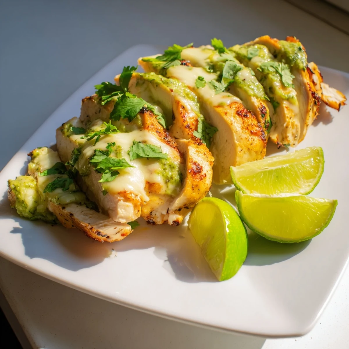 Sizzling grilled chicken breasts smothered in tangy salsa verde and gooey pepper jack cheese.