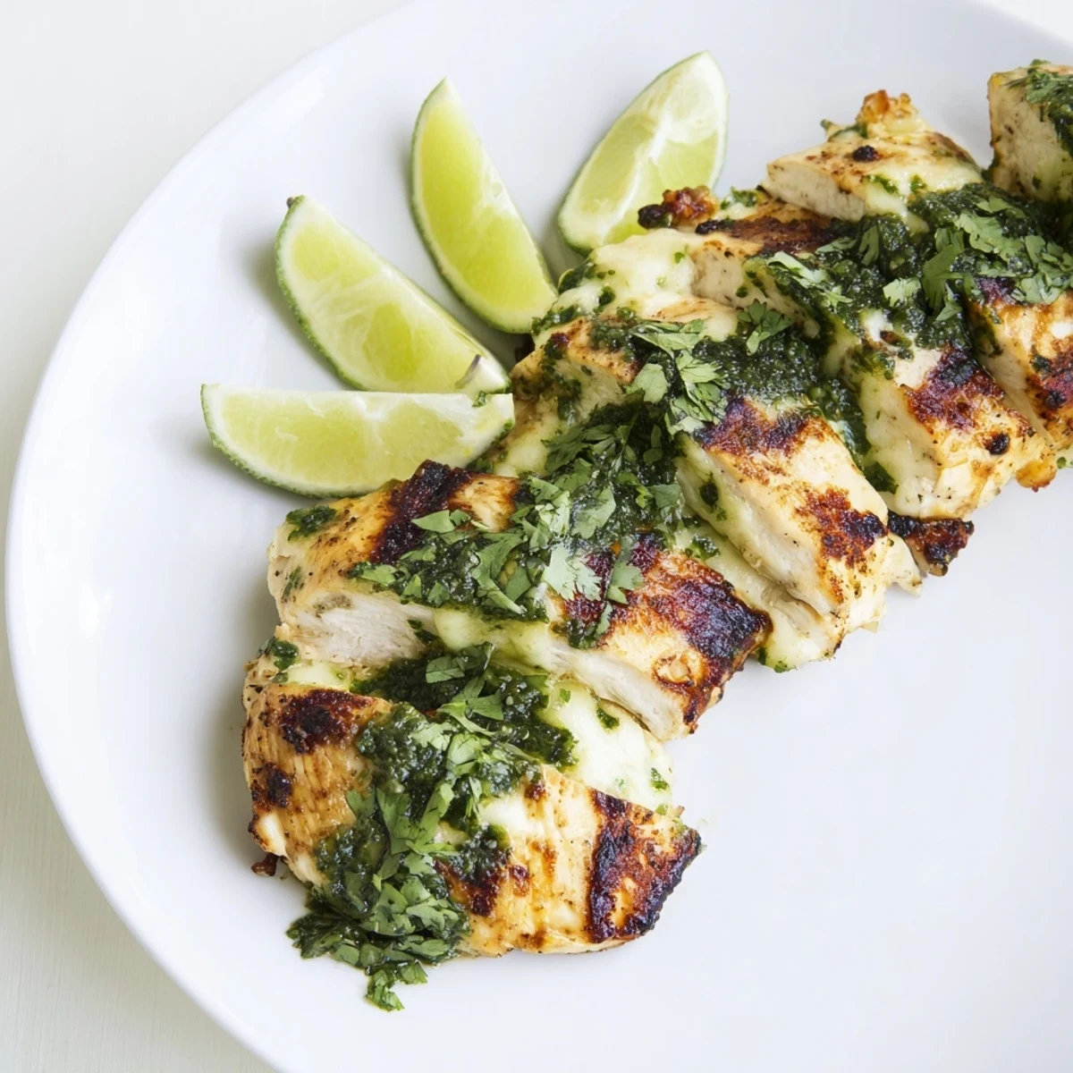 Juicy Grilled Salsa Verde Pepper Jack Chicken served on a plate with avocado and diced tomatoes.