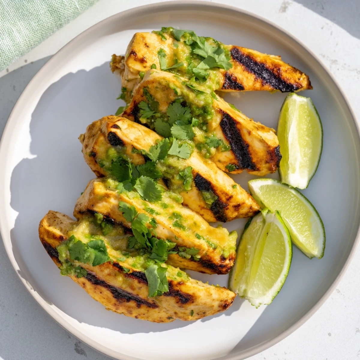 Golden grilled Grilled Salsa Verde Pepper Jack Chicken topped with cilantro and fresh lime wedges.