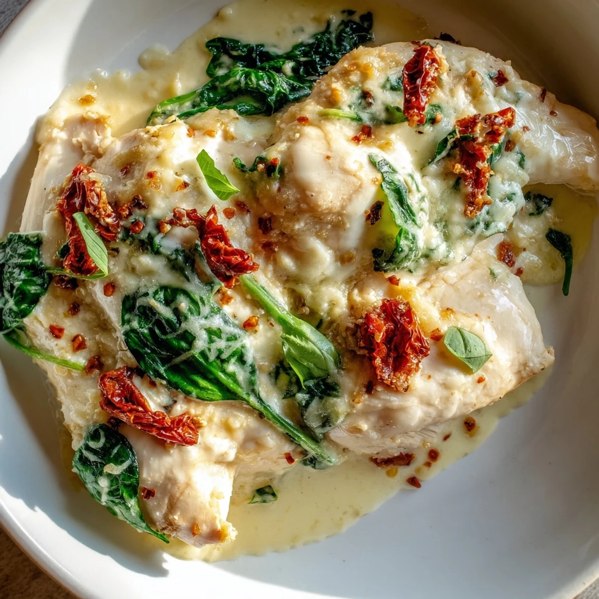 Marry Me Low Carb Chicken Casserole features tender chicken breasts baked in a creamy, cheesy sauce with vibrant sun-dried tomatoes and fresh spinach.