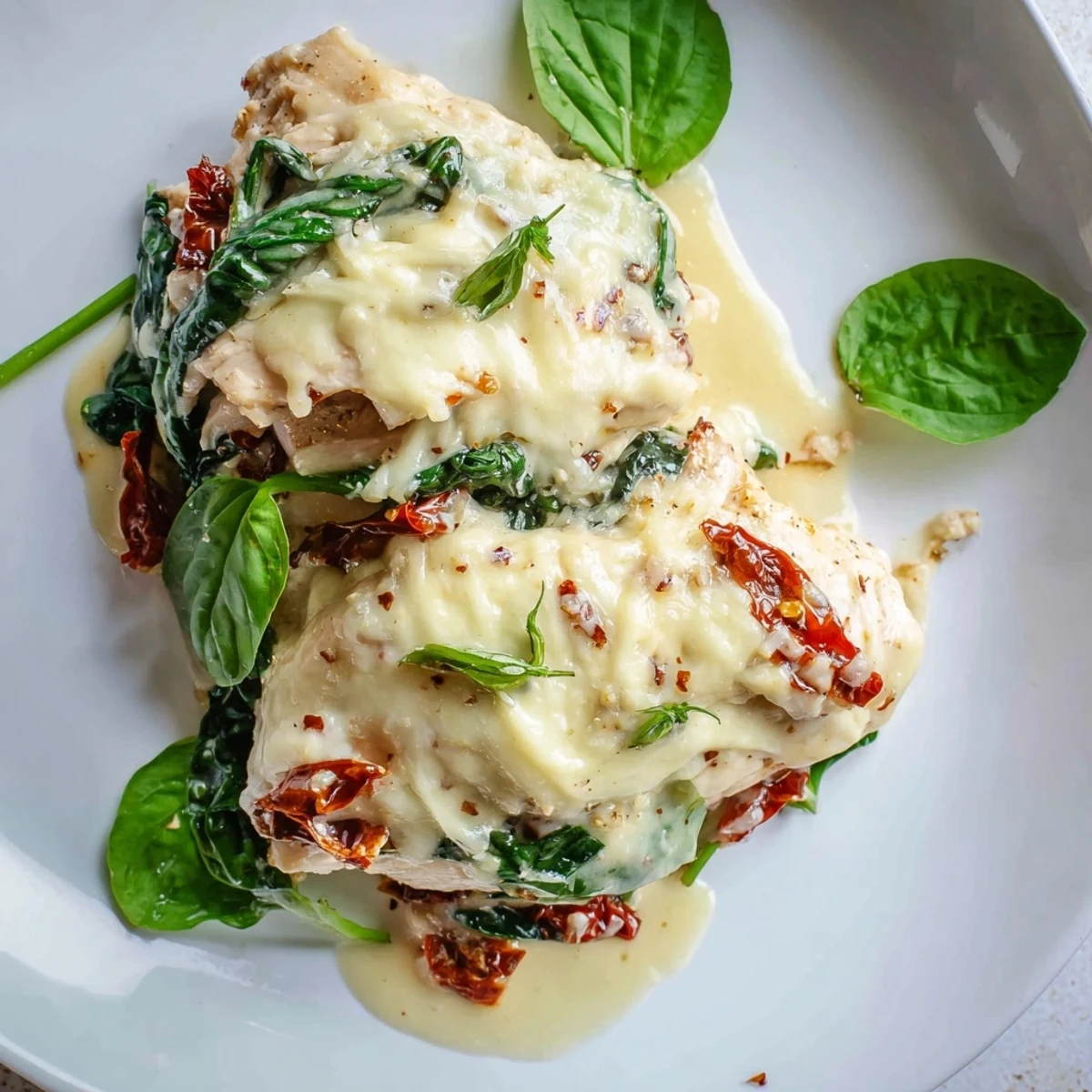 Golden, bubbly mozzarella tops the Marry Me Low Carb Chicken Casserole, served hot from the oven on a white ceramic dish.
