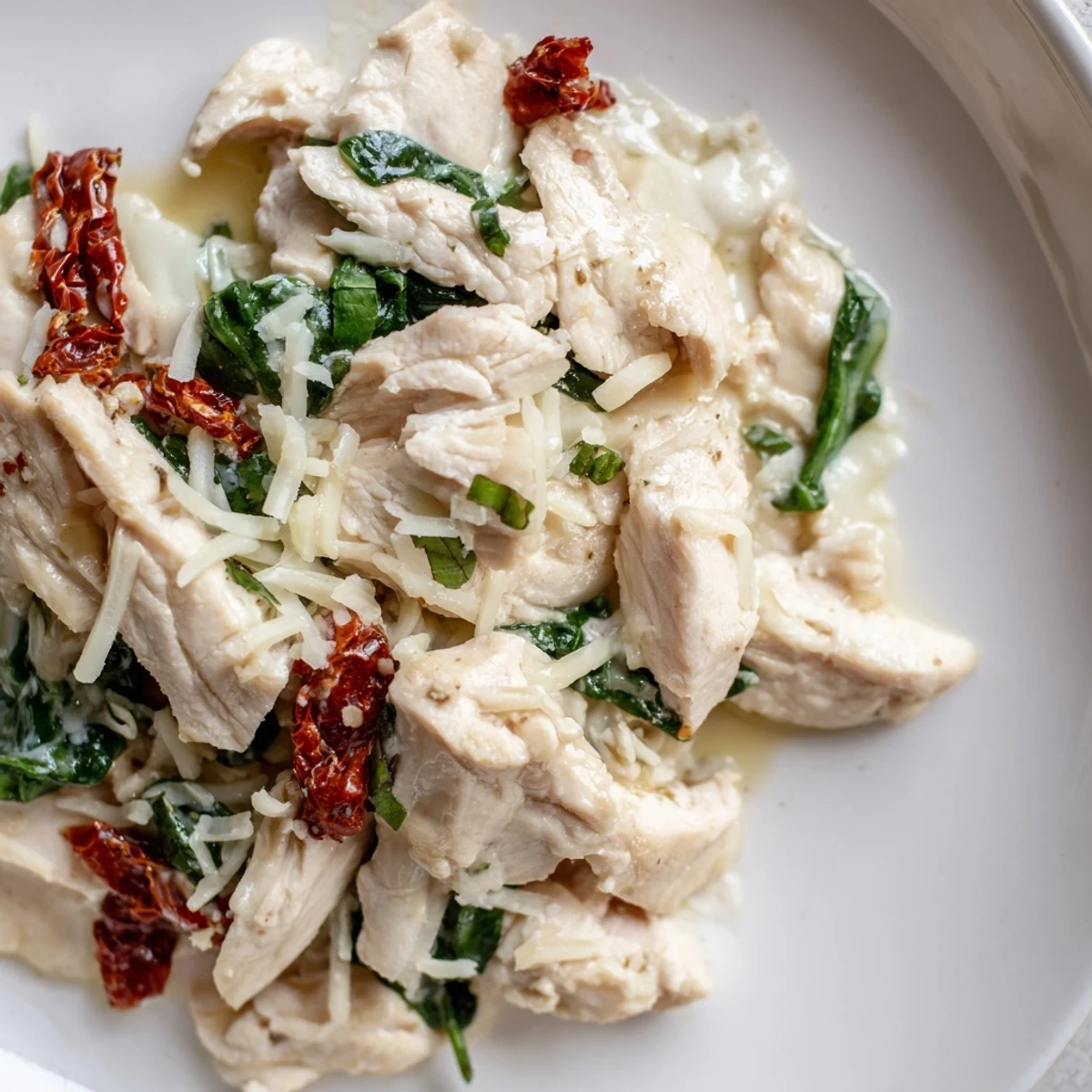 A close-up of Marry Me Low Carb Chicken Casserole reveals rich, velvety sauce and wilted spinach around juicy chicken pieces.