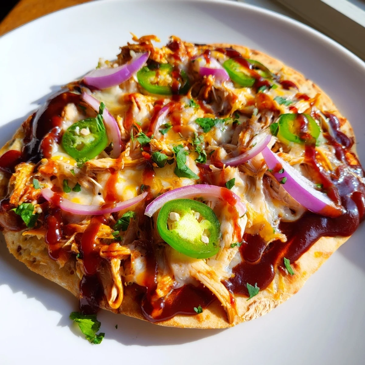 Hot BBQ Chicken Flatbread sliced into wedges with juicy chicken, tangy BBQ sauce, and colorful vegetables on a wooden board.