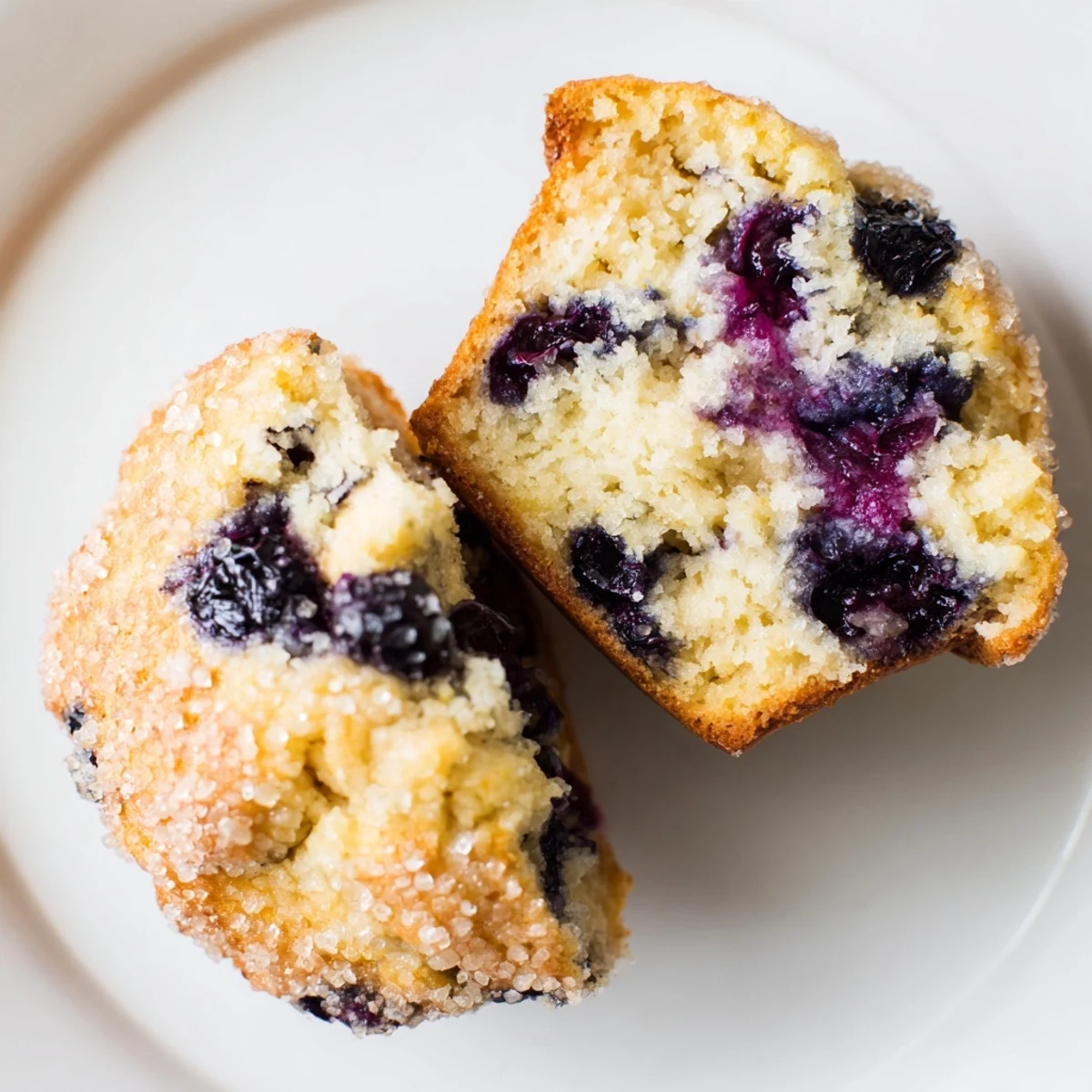 Golden-brown Sourdough Blueberry Muffins with a crumbly top sit on a wire rack, ready for breakfast.