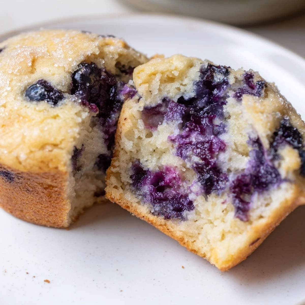 A close-up of a Sourdough Blueberry Muffin shows juicy blueberries and a soft, tangy interior.