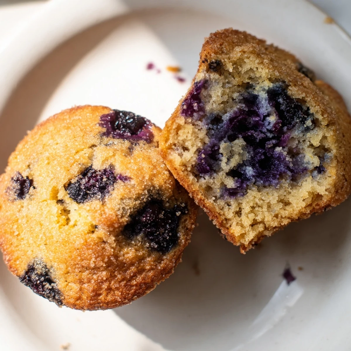 Freshly baked Sourdough Blueberry Muffins are arranged on a rustic wooden board with morning sunlight.
