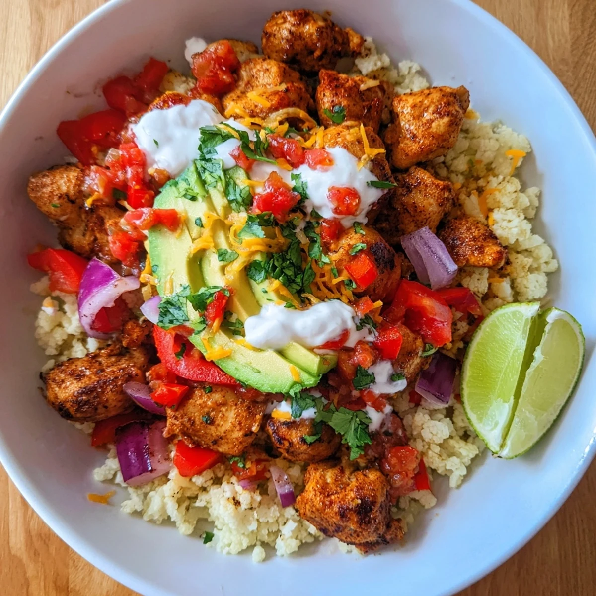 Spoon into a Low Carb Burrito Bowl loaded with savory chicken, diced peppers, creamy avocado, and zesty lime wedges.