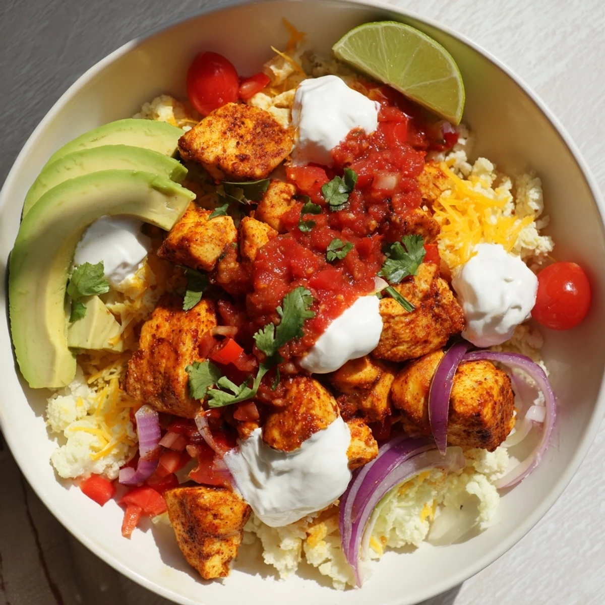 A vibrant Low Carb Burrito Bowl featuring seasoned chicken, cauliflower rice, fresh veggies, and colorful toppings on a white plate.