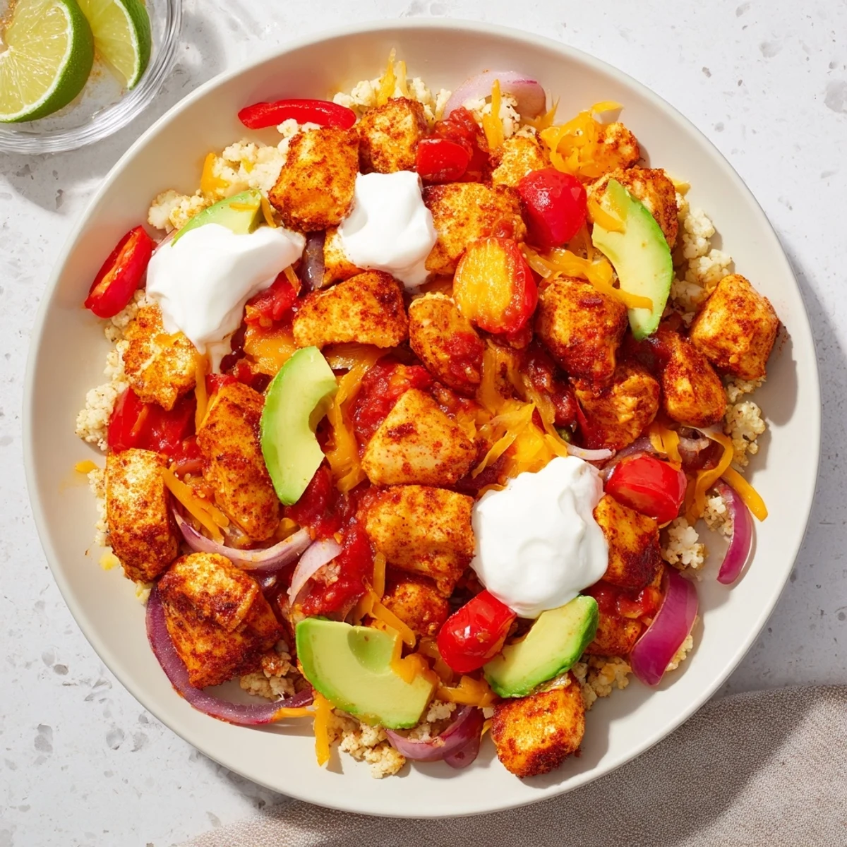 Enjoy a Low Carb Burrito Bowl topped with melted cheese, sour cream, and cilantro, served on a bright ceramic dish.