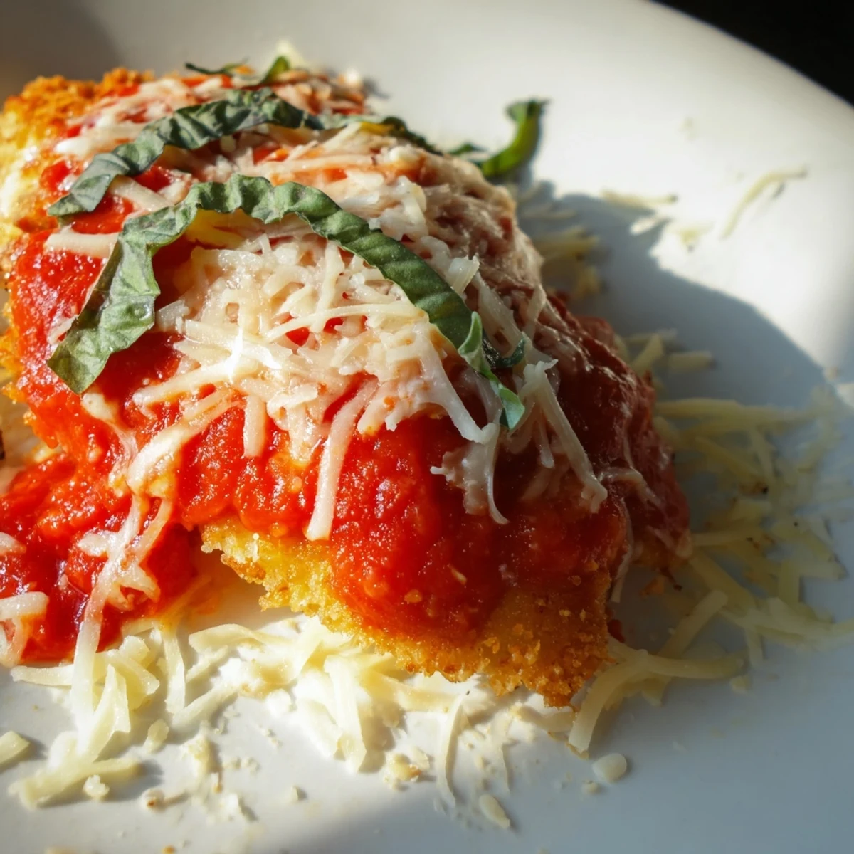 Golden fried chicken breast base topped with bubbly mozzarella and fresh basil for this Chicken Parmesan Pizza.