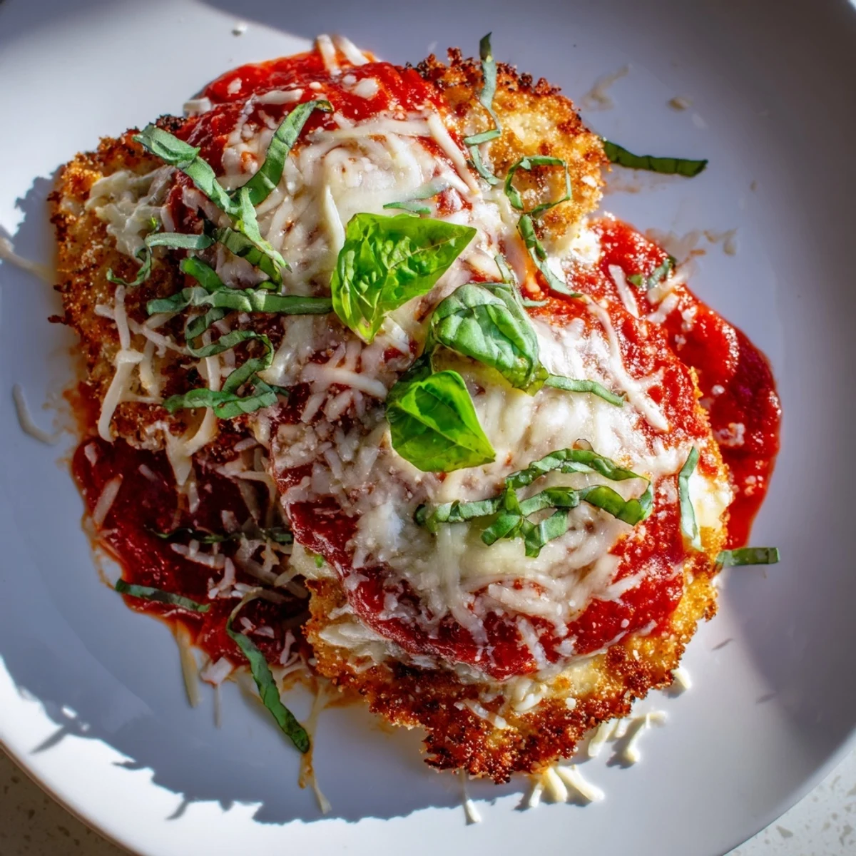 Sizzling Chicken Parmesan Pizza fresh from the oven, sliced to reveal juicy chicken and melted cheese.