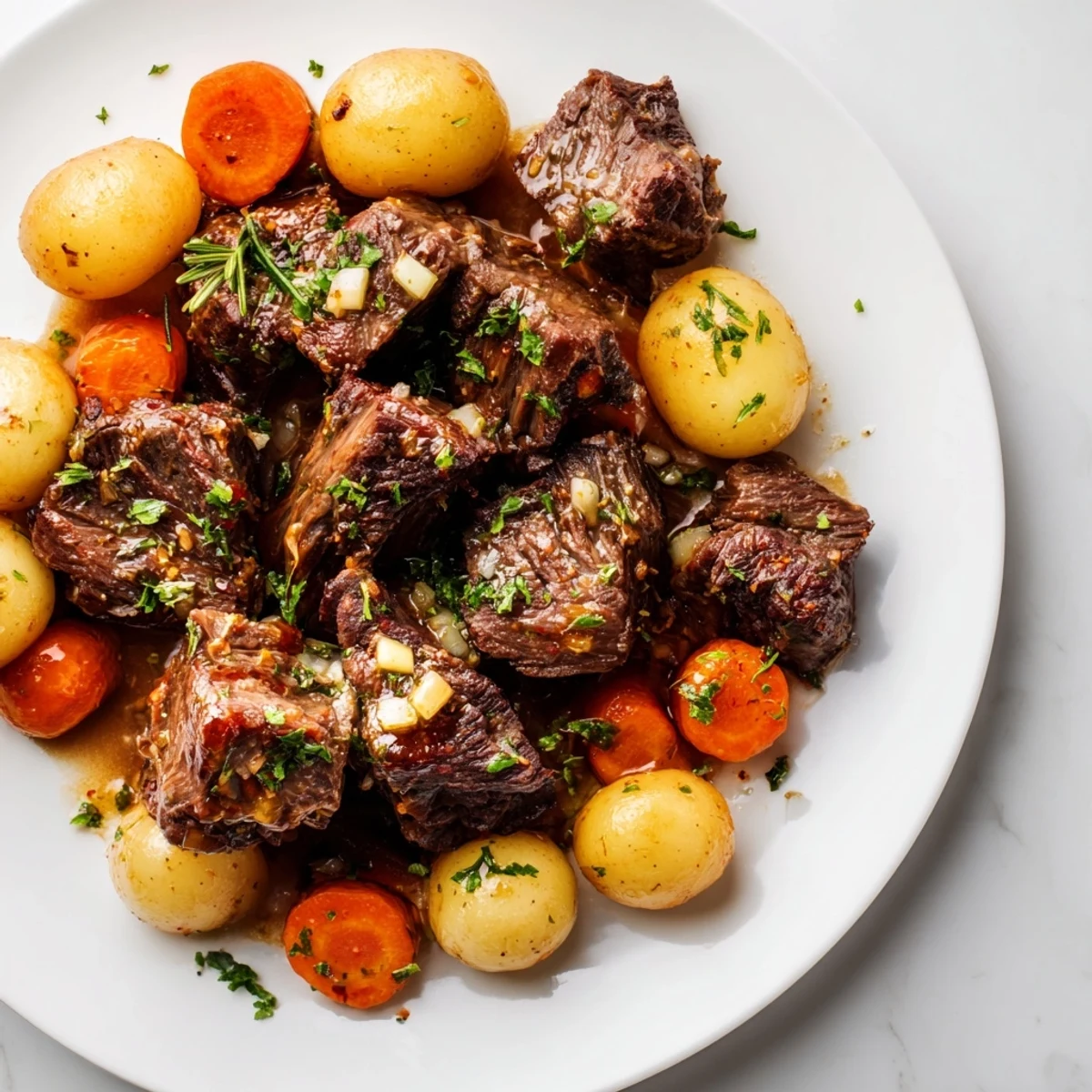 Fork-tender beef cubes and halved baby potatoes swimming in a savory garlic butter sauce in the slow cooker.