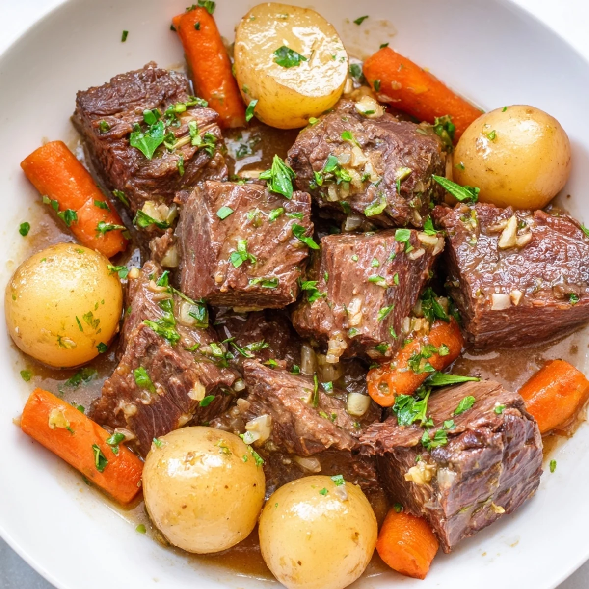 Close-up of Slow Cooker Garlic Butter Beef with Potatoes, featuring carrots and onions in a rich, glossy sauce.