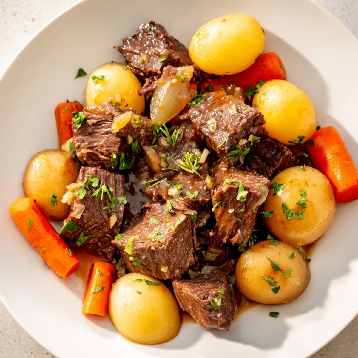 Garlic butter beef with potatoes served in a rustic bowl, garnished with fresh parsley for a family-style dinner.
