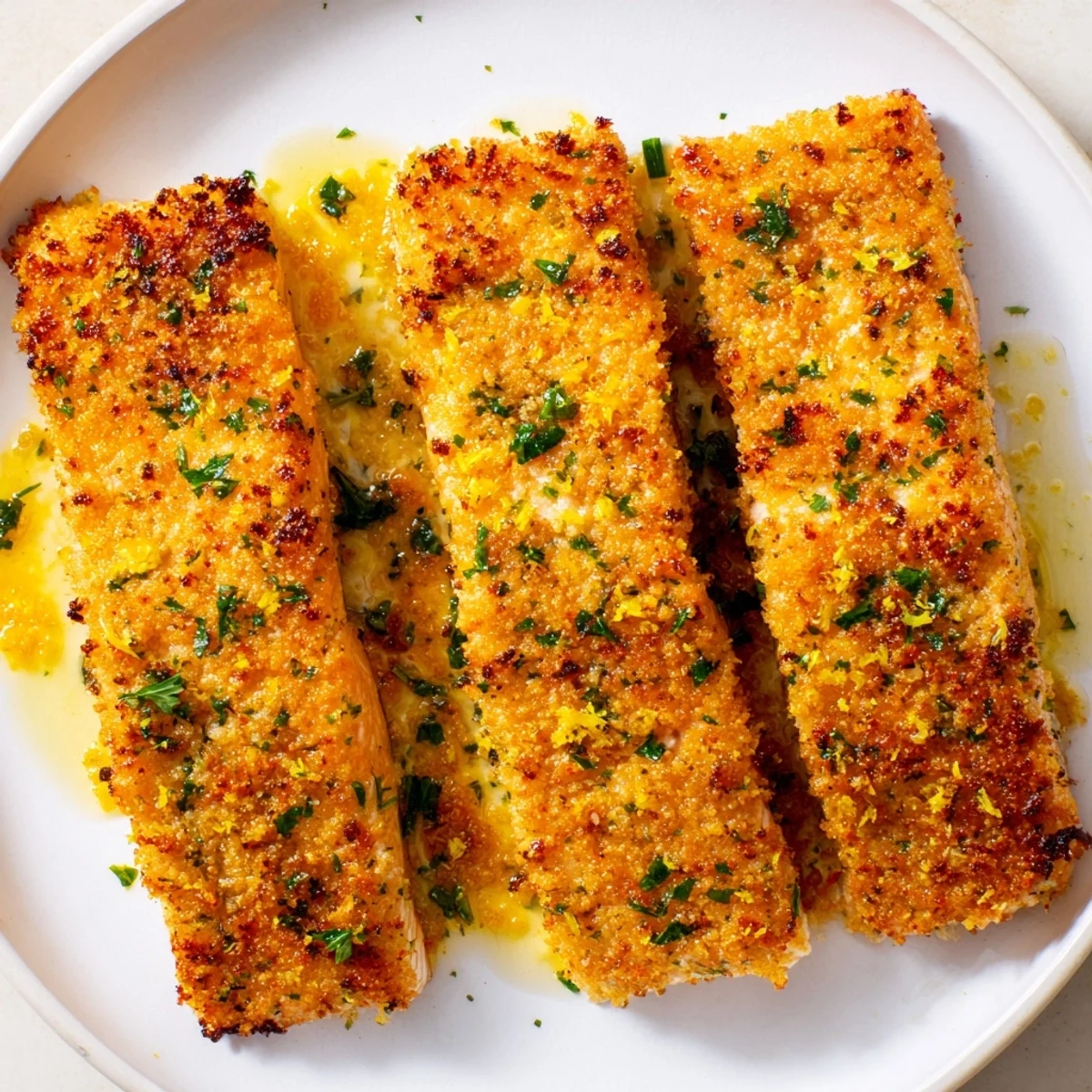 Golden Parmesan crust on baked salmon fillets, garnished with fresh parsley and lemon wedges on a rustic wooden board.