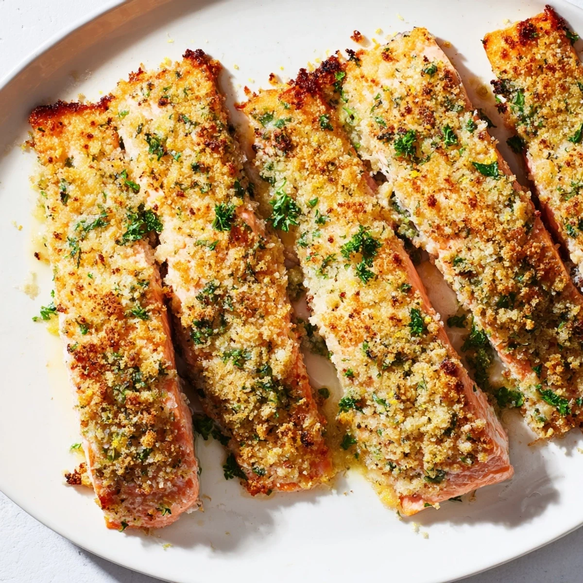 Crispy Parmesan Salmon Bake with melted cheese topping and flaky interior, served alongside vibrant green salad on white plate.