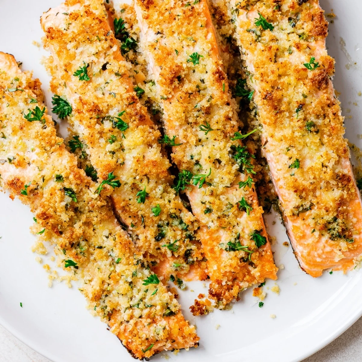 Weeknight Crispy Parmesan Salmon Bake, golden brown and aromatic, ready to serve with lemon wedges and extra parsley garnish.