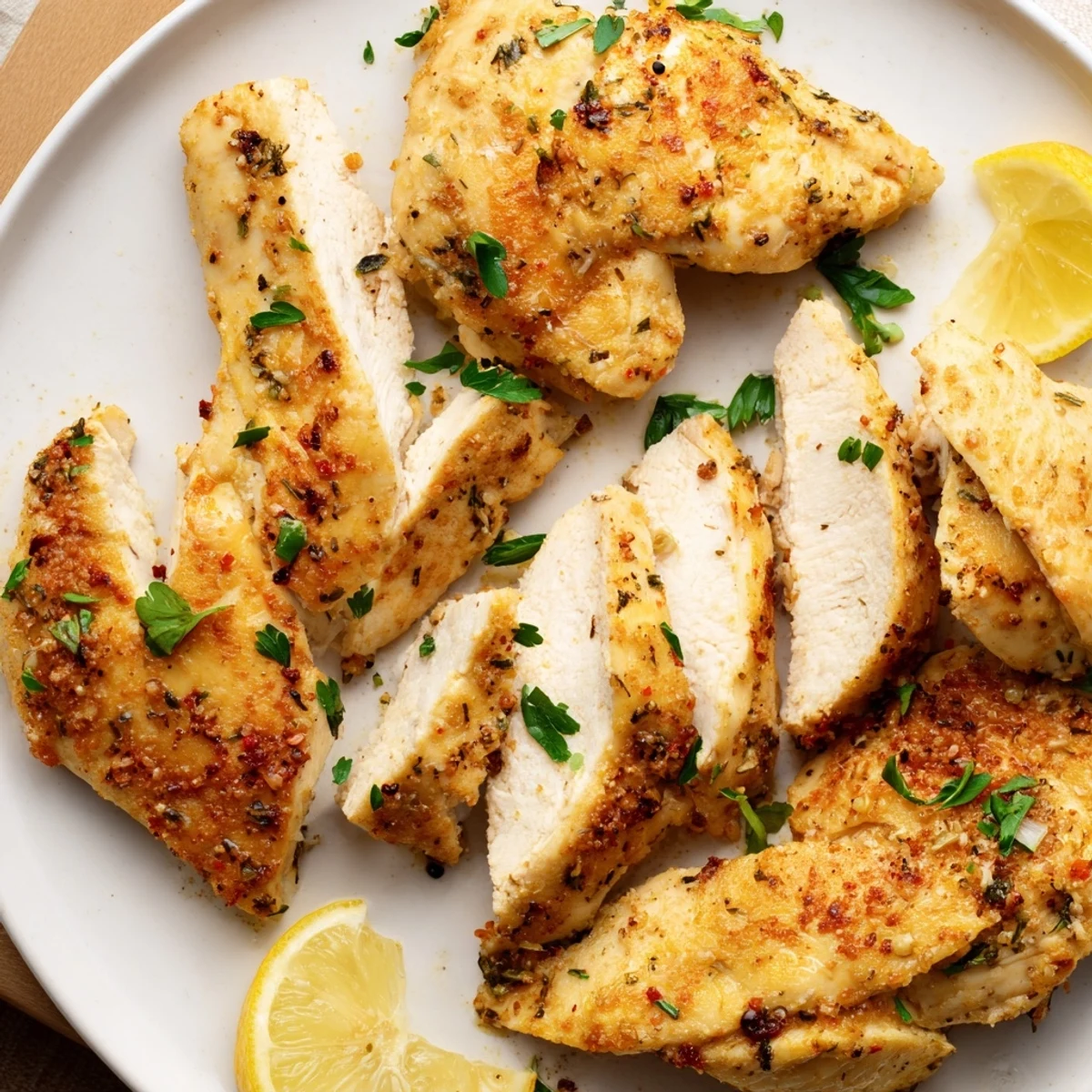 Juicy, tender oven baked chicken breasts resting on a wooden board with roasted vegetables for a complete meal.