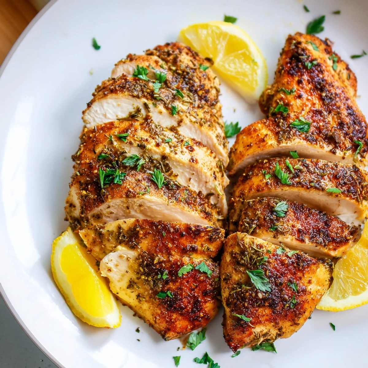 Perfectly baked chicken breasts from the oven, garnished with fresh parsley and served alongside a simple salad.