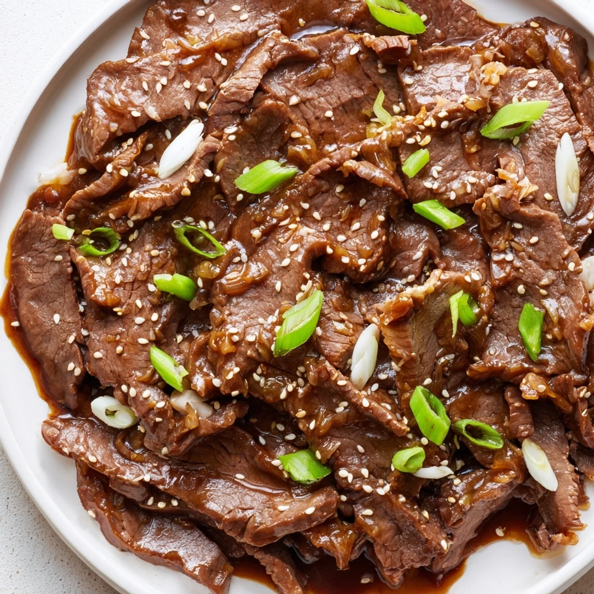 Tender slices of Ultimate Slow Cooker Mongolian Beef in a glossy, savory-sweet sauce served over steamed rice.