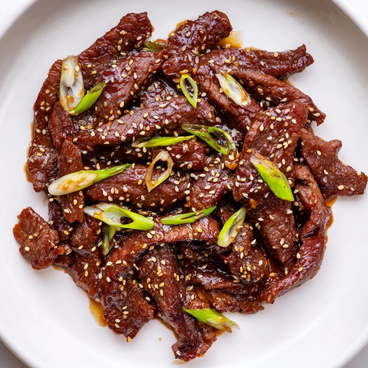 A close-up view of Ultimate Slow Cooker Mongolian Beef with green onions and sesame seeds garnishing the dish.