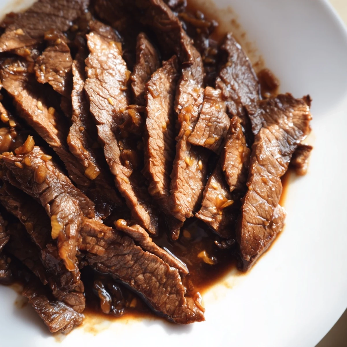 Tender slices of Ultimate Slow Cooker Mongolian Beef glazed in sweet savory sauce, garnished with fresh green onions.