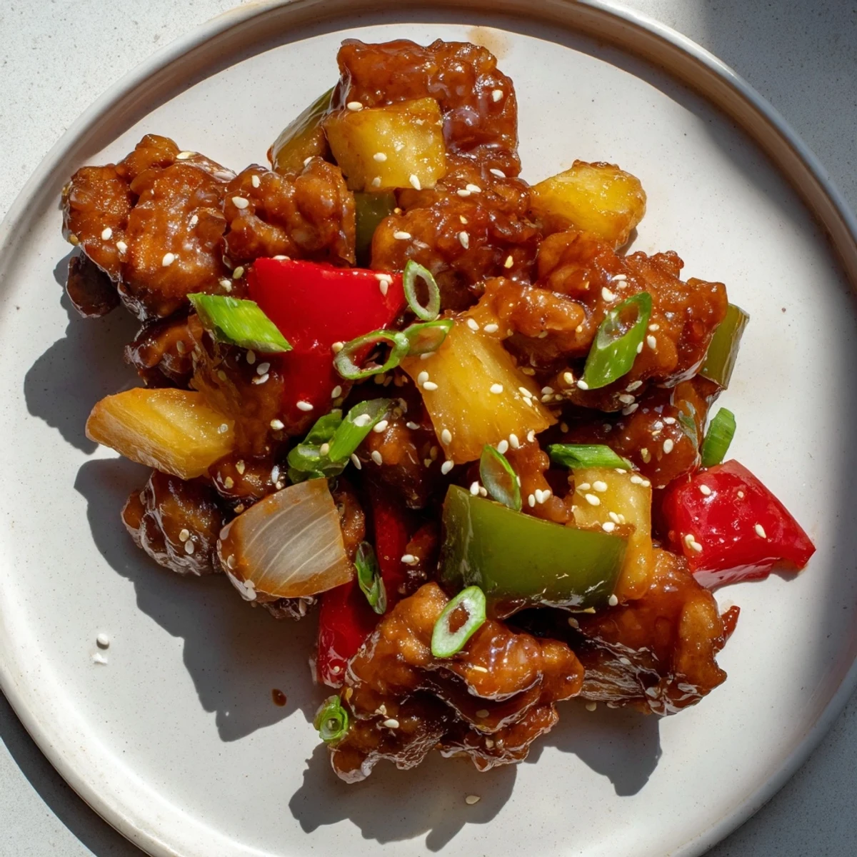 Fork-tender Sweet Hawaiian Crockpot Chicken served over fluffy white rice with green onions.