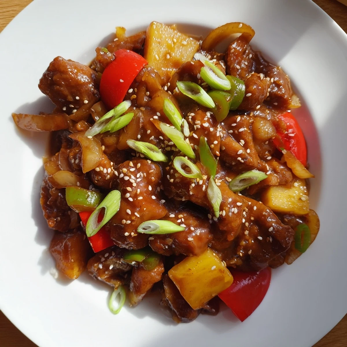 Succulent Sweet Hawaiian Crockpot Chicken with tender pineapple chunks and vibrant red bell peppers.