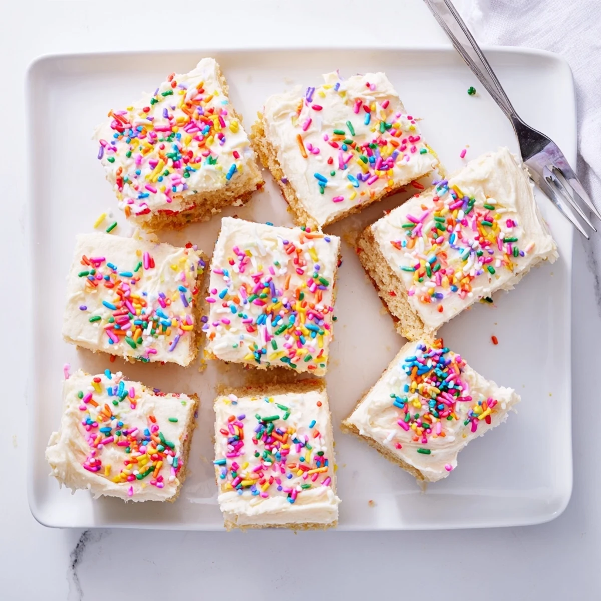 A platter of Sugar Cookie Bars with pink-frosted tops and sprinkles, ideal for celebrations or an afternoon treat in an American kitchen.