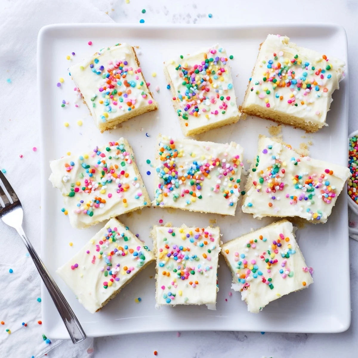 Close-up of a Sugar Cookie Bar slice showing a soft, buttery crumb and creamy frosting on a rustic wooden table.
