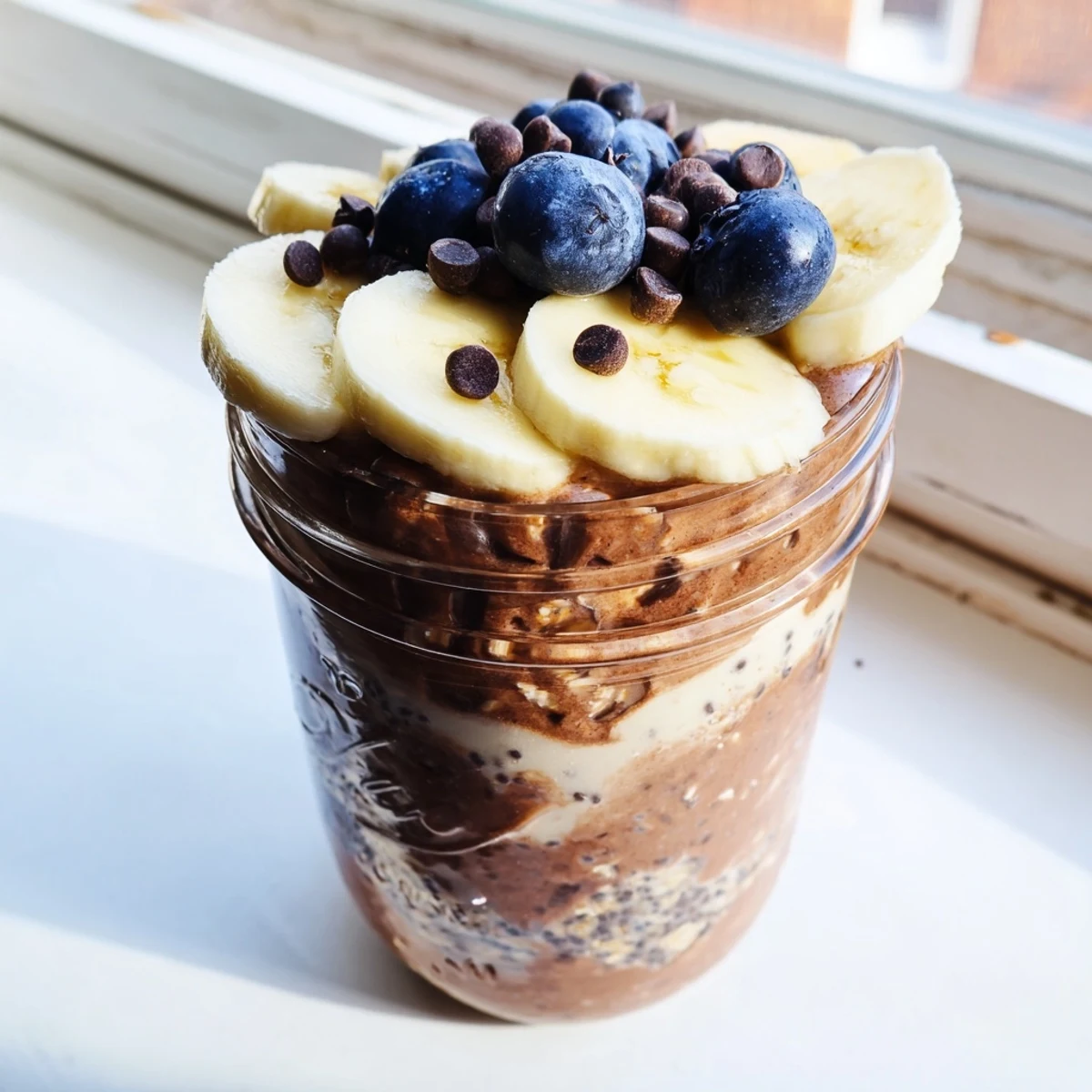A close-up of Ultimate Healthy Chocolate Overnight Oats in a glass jar, topped with sliced banana, mini chocolate chips, and chopped walnuts for a creamy, chocolatey breakfast.