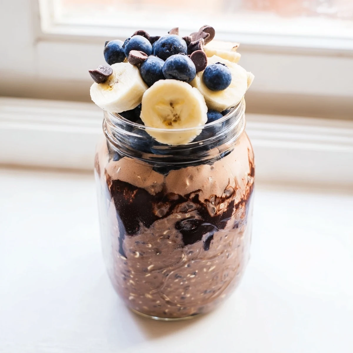 This Ultimate Healthy Chocolate Overnight Oats recipe is layered with Greek yogurt, oats, and cocoa, sitting on a marble counter ready for busy mornings.