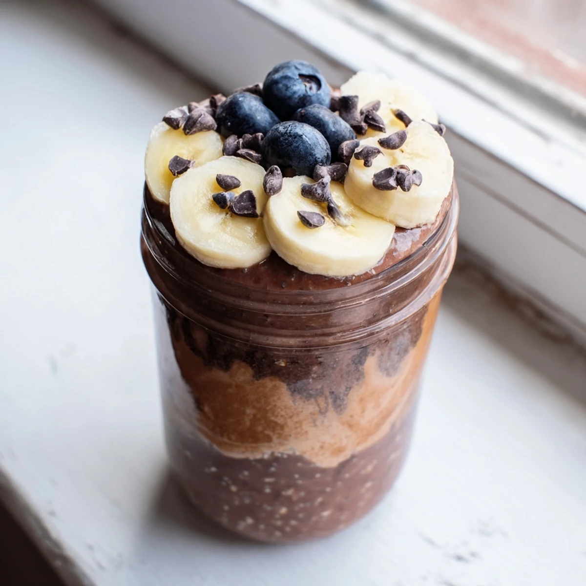 Spooning into a jar of Ultimate Healthy Chocolate Overnight Oats with fresh berries and a drizzle of maple syrup, a nourishing vegetarian American breakfast.