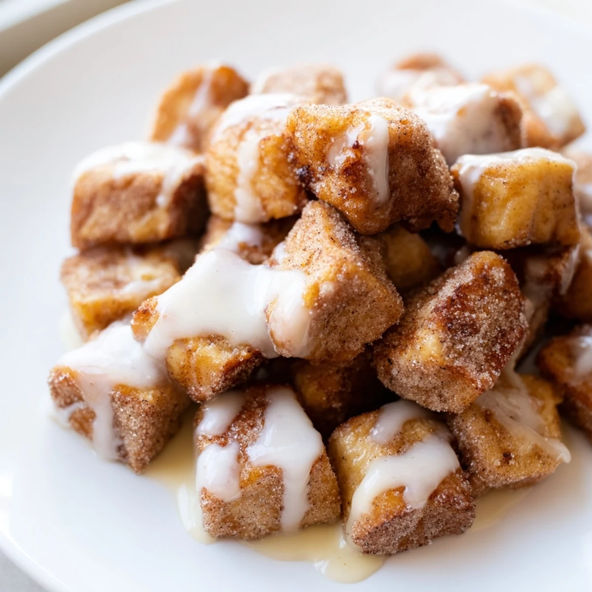 Close-up of Cinnamon Roll French Toast Bites with a soft, pillowy texture and cinnamon sugar coating.