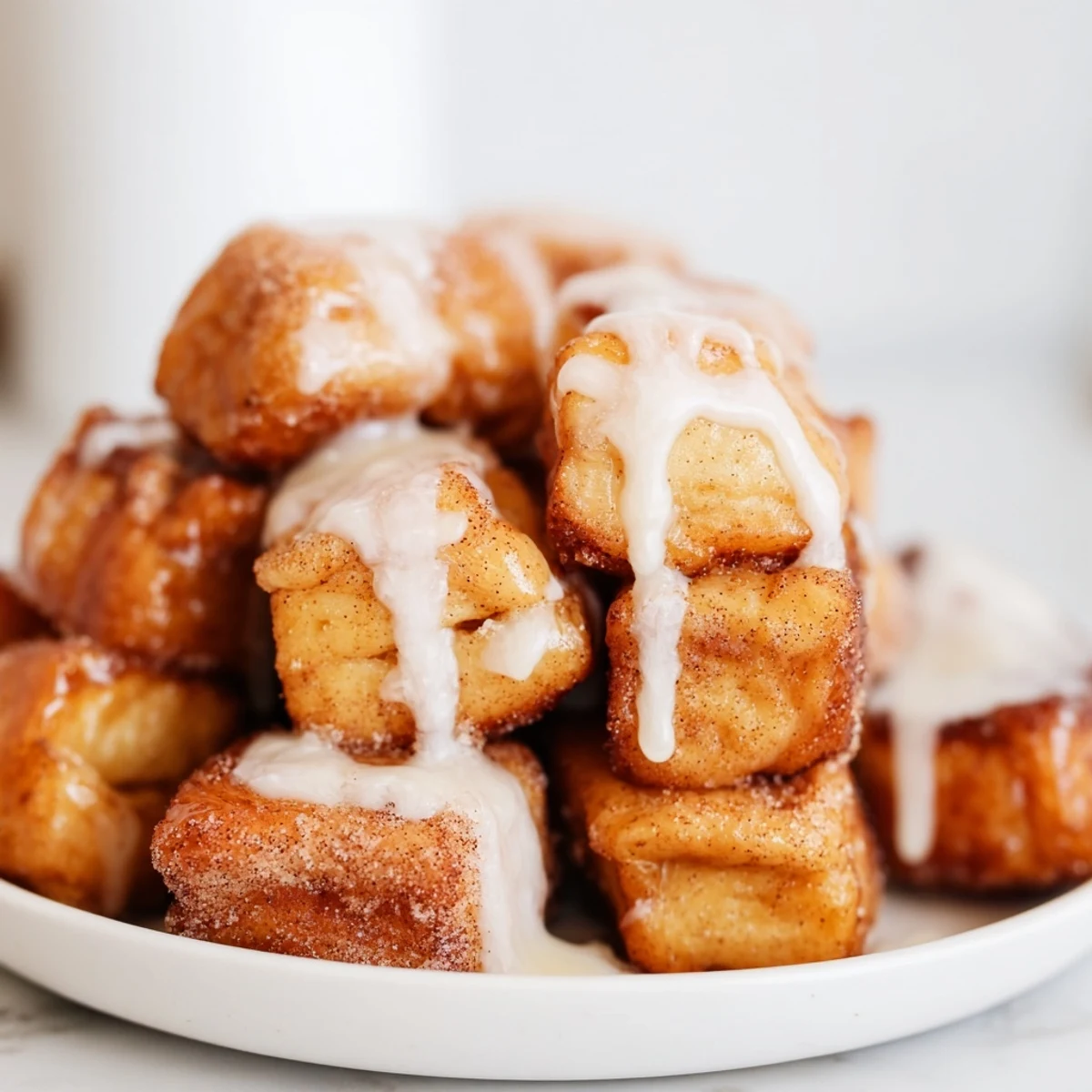 Golden-brown Cinnamon Roll French Toast Bites glistening with sweet glaze, served warm on a rustic plate.