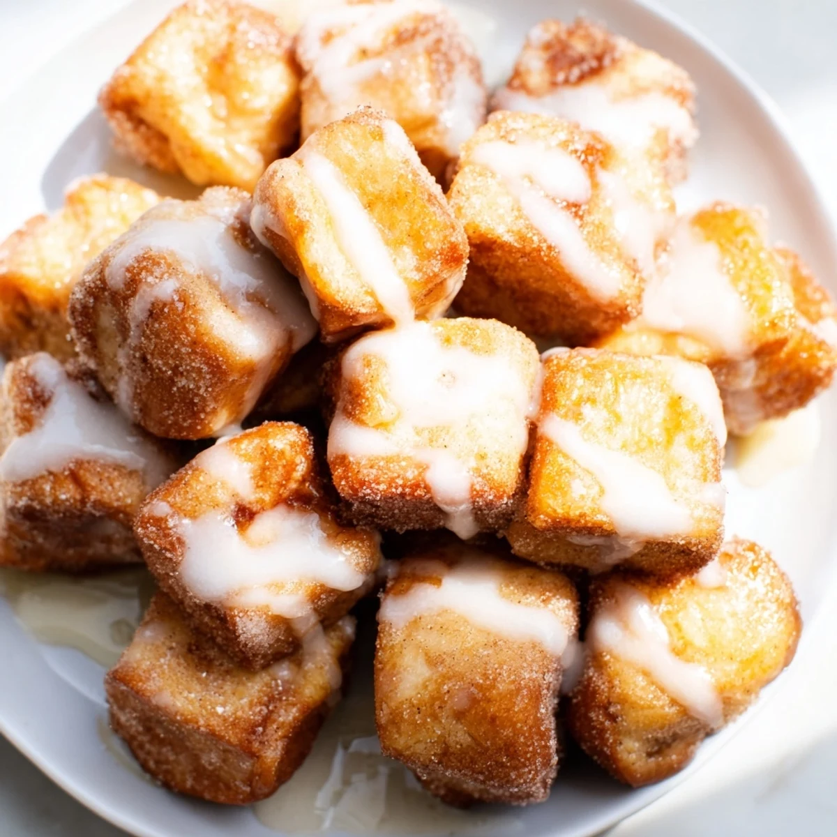 A breakfast plate of Cinnamon Roll French Toast Bites drizzled with glaze and served with fresh berries.