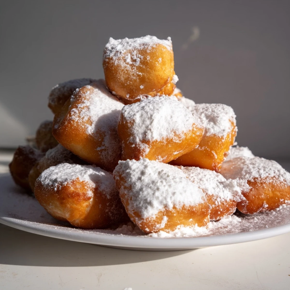 Golden Vanilla French Beignets dusted with powdered sugar, ready to enjoy warm for breakfast.