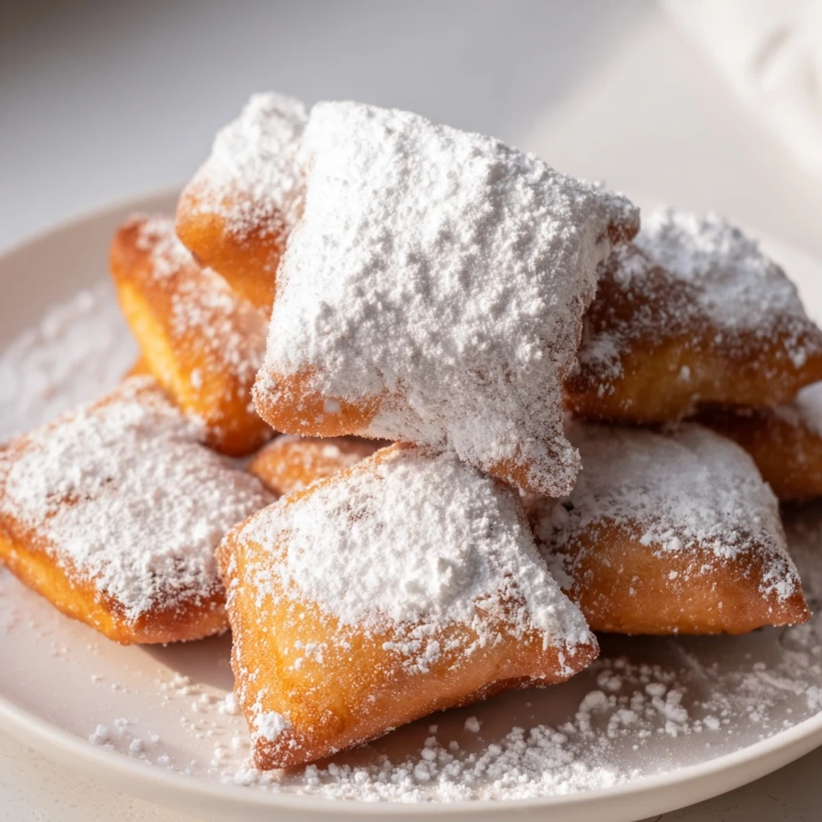 Freshly fried Vanilla French Beignets steaming on a plate, perfect with coffee or chocolate sauce.