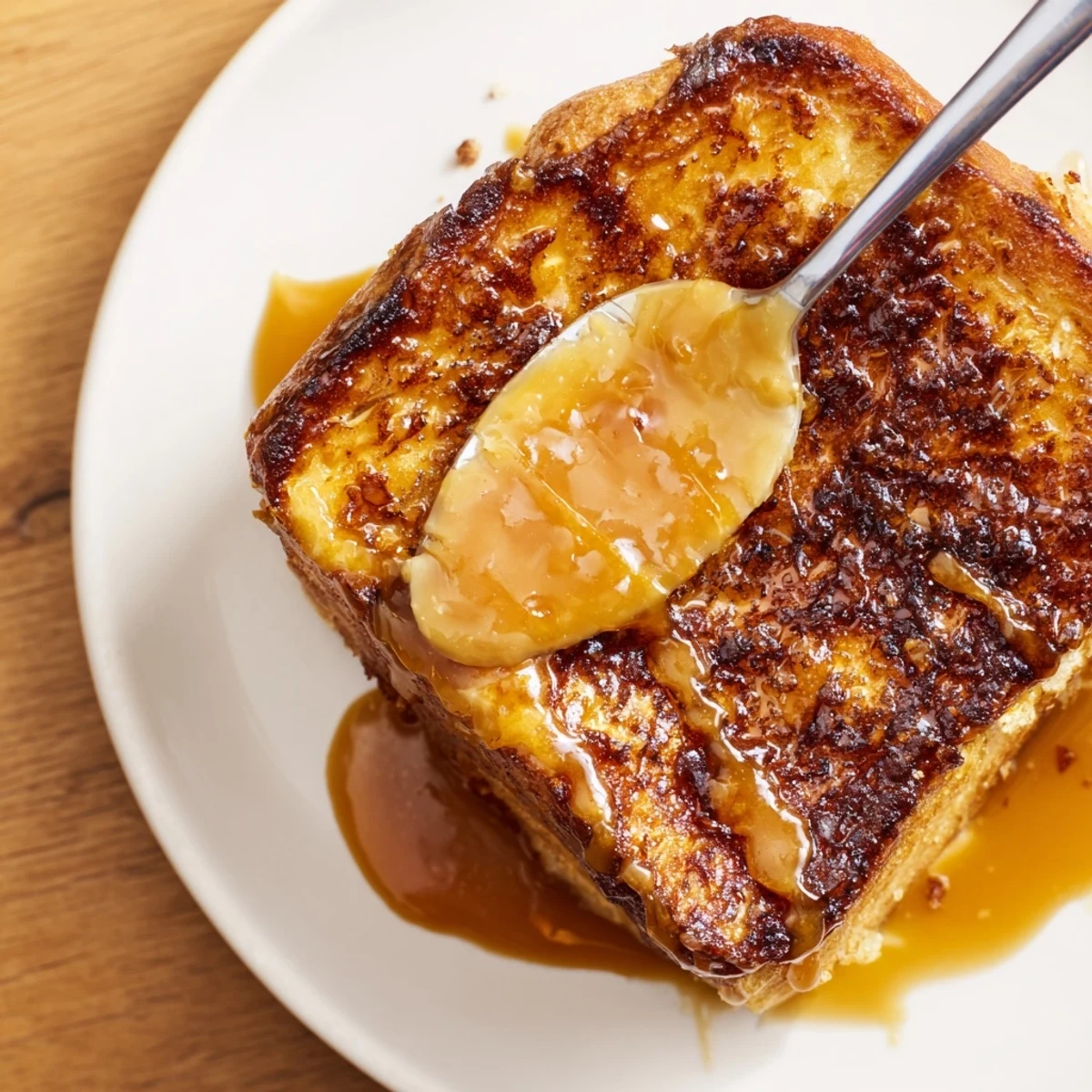 A close-up of Crème Brûlée French Toast with a golden caramelized sugar crust and soft, custardy interior, served with fresh berries.