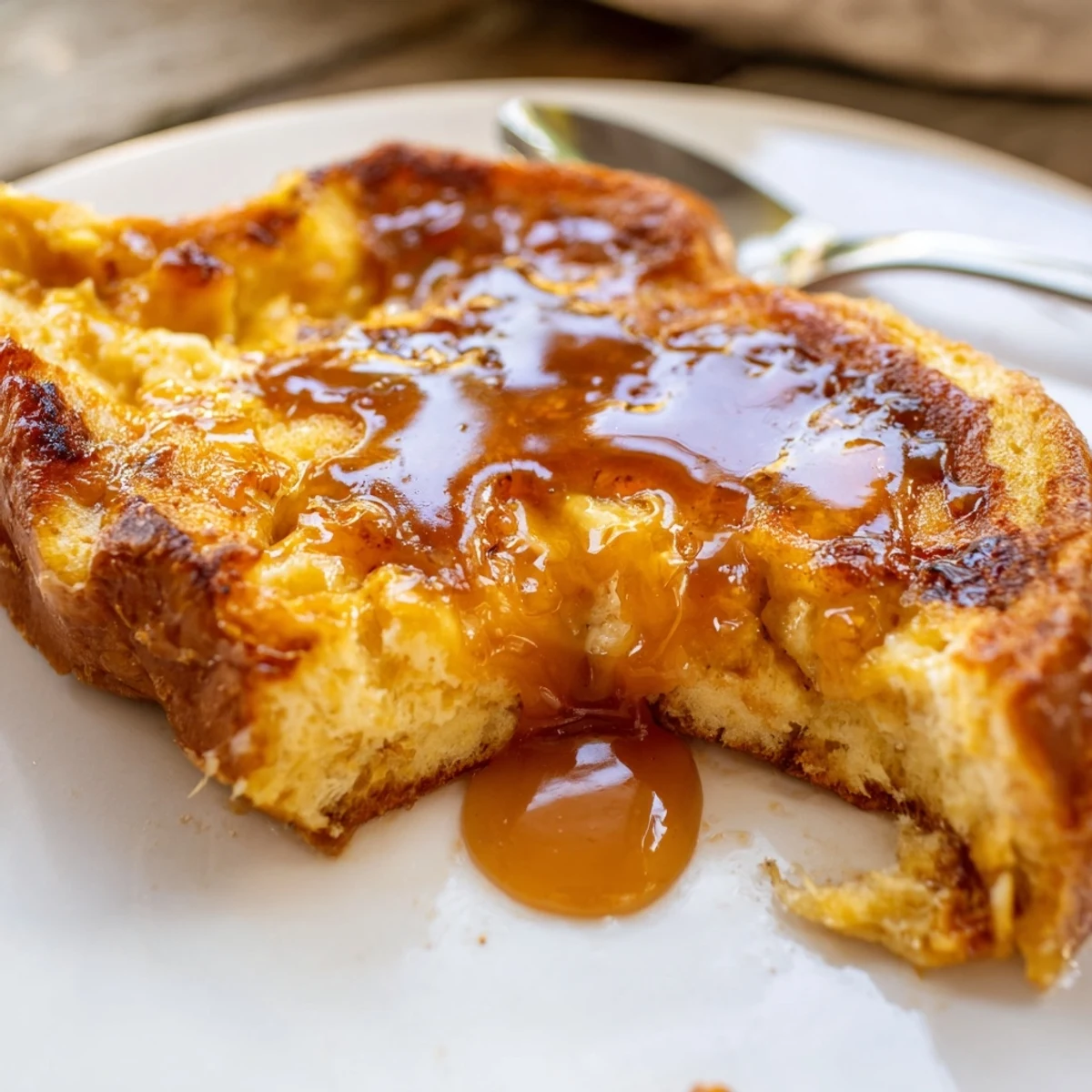 A slice of Crème Brûlée French Toast on a plate, dusted with powdered sugar and paired with a dollop of whipped cream.
