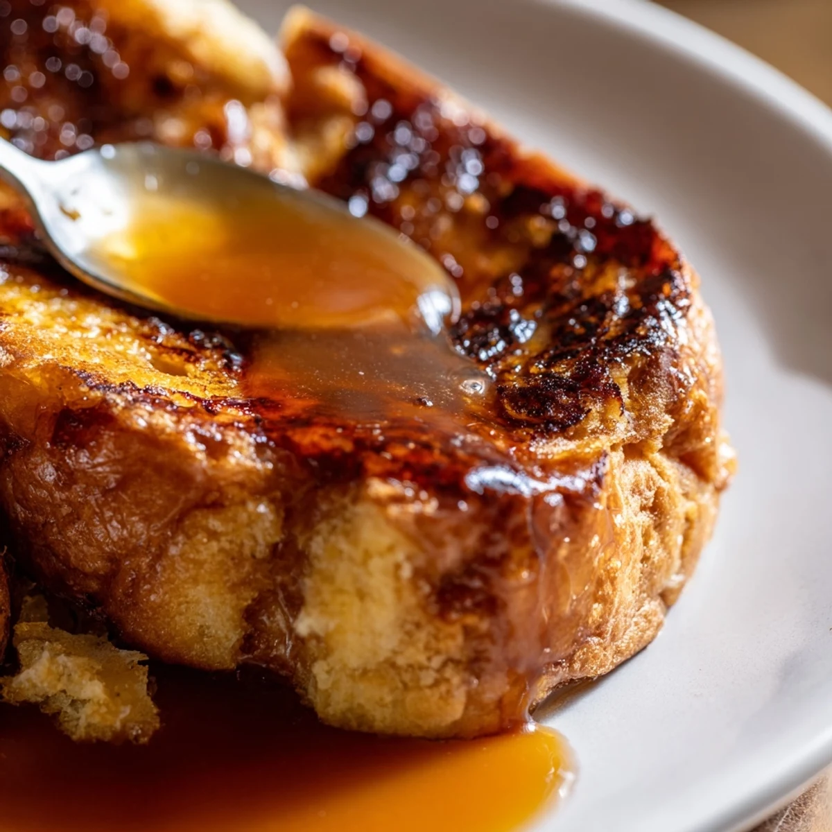 Warm Crème Brûlée French Toast from a 9x13-inch baking dish, glistening with caramel sauce and topped with a crackly sugar layer.