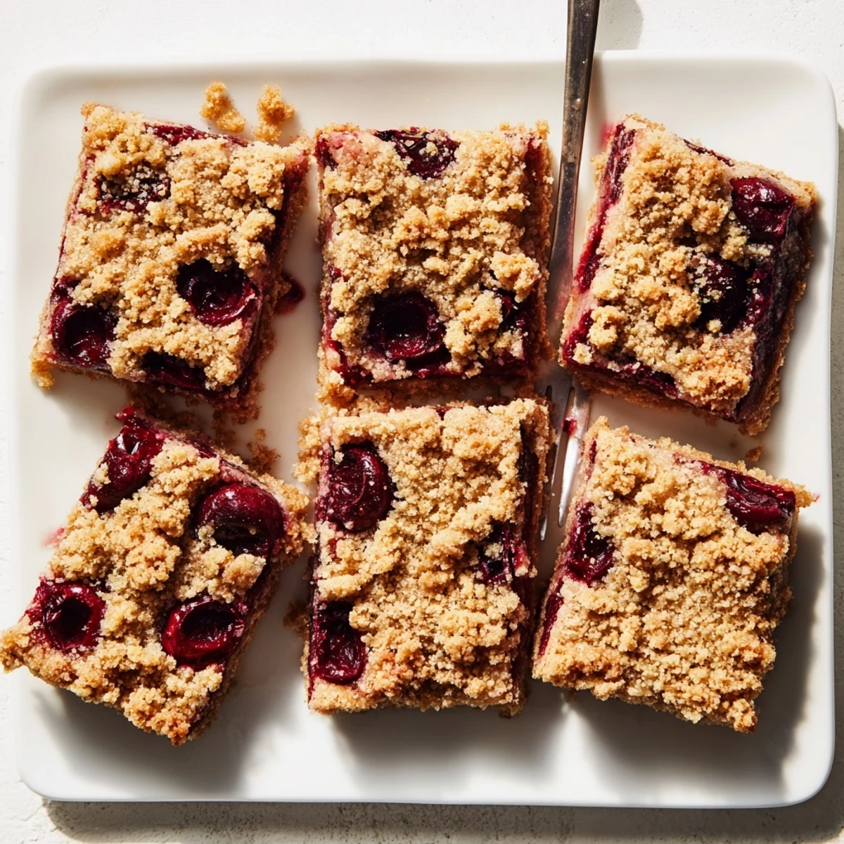 Golden-brown cherry crumble bars with a bubbling, sweet-tart cherry filling cooling on a wire rack.