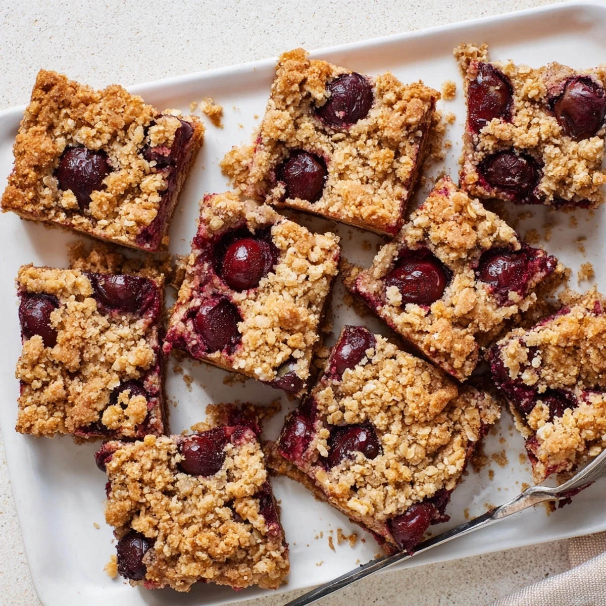 Freshly baked cherry crumble bars sliced neatly, ready to be served with a scoop of vanilla ice cream.