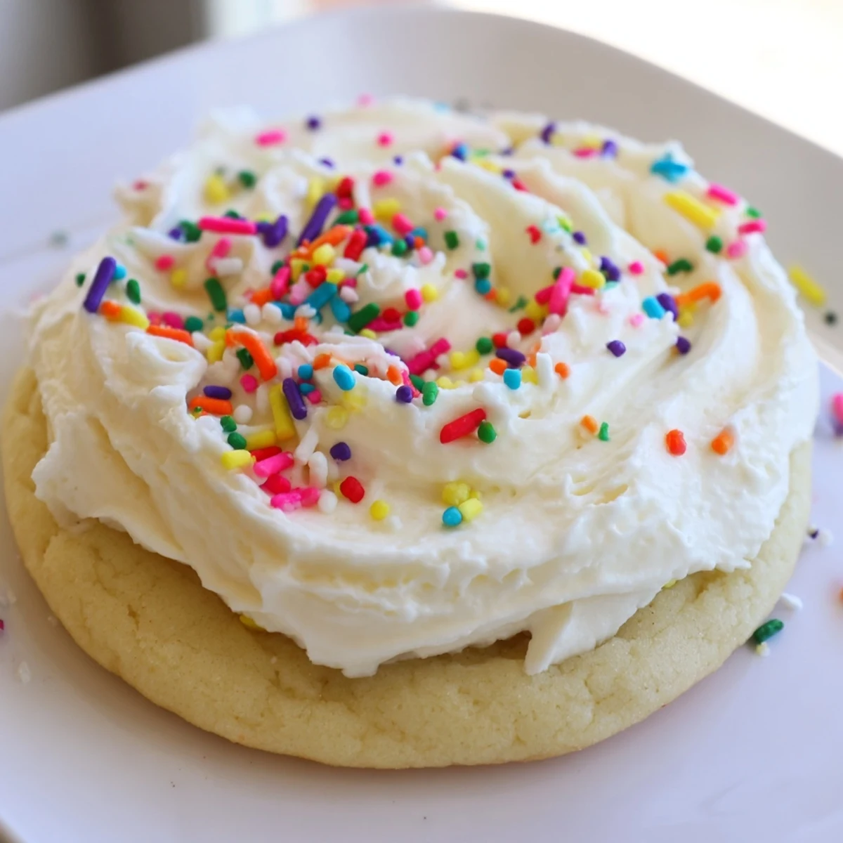 Close-up of Walmart-Style Sugar Cookies with Buttercream Frosting, showing soft edges and fluffy pink frosting swirls.